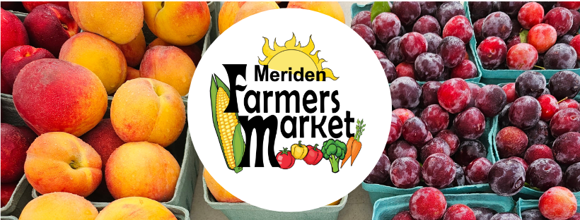 Meriden Farmers' Market logo set against background of fruit
